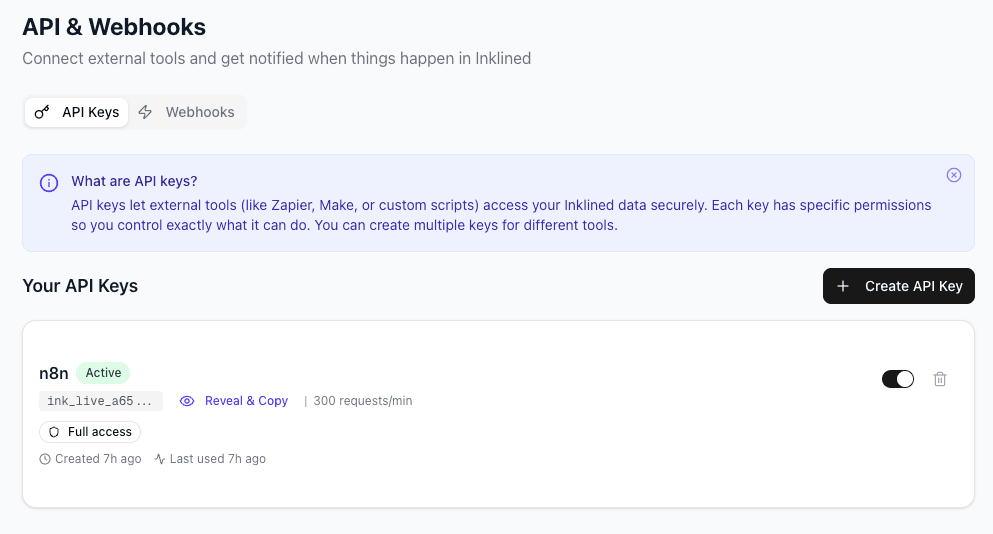 API and webhooks settings showing scoped API keys and webhook configuration