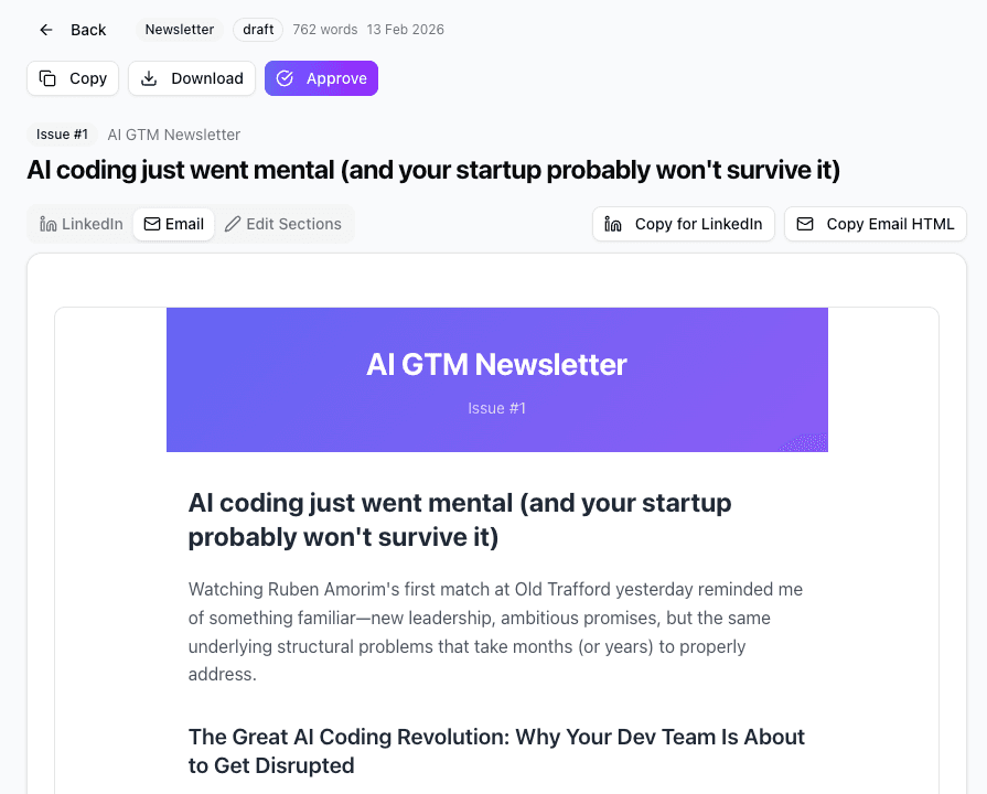 Newsletter editor showing branded email with sections and LinkedIn format