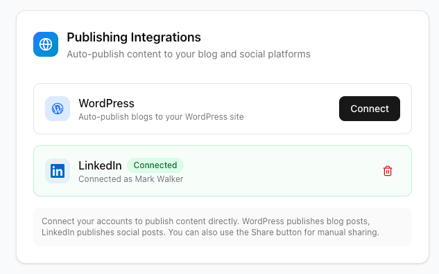 Publishing interface with WordPress and LinkedIn integration