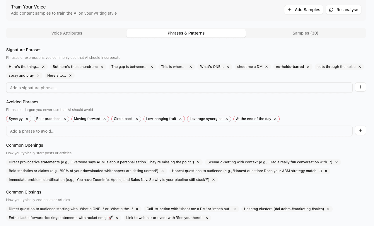 Voice training interface for personalized content generation