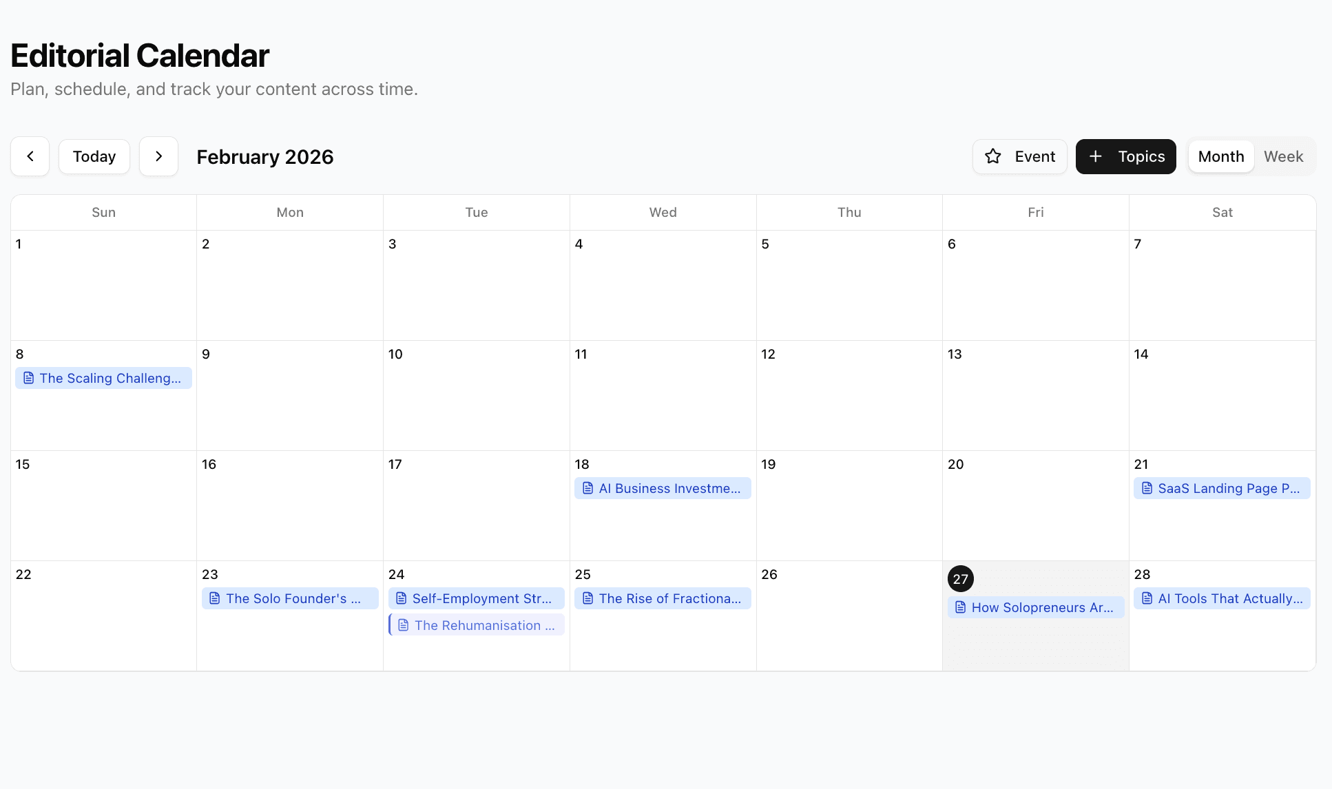 Content calendar showing tentpole event with auto-generated content series