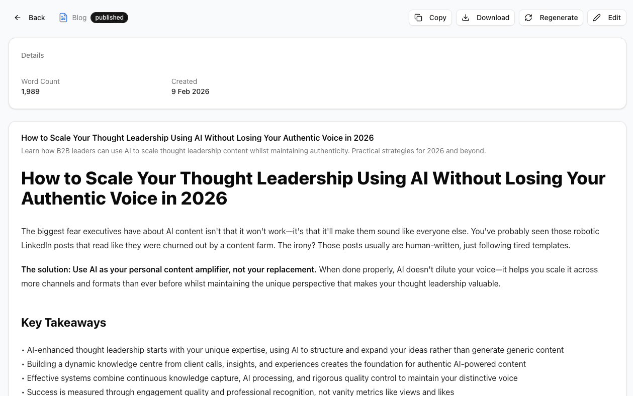 Content generation workflow showing LinkedIn post and article creation