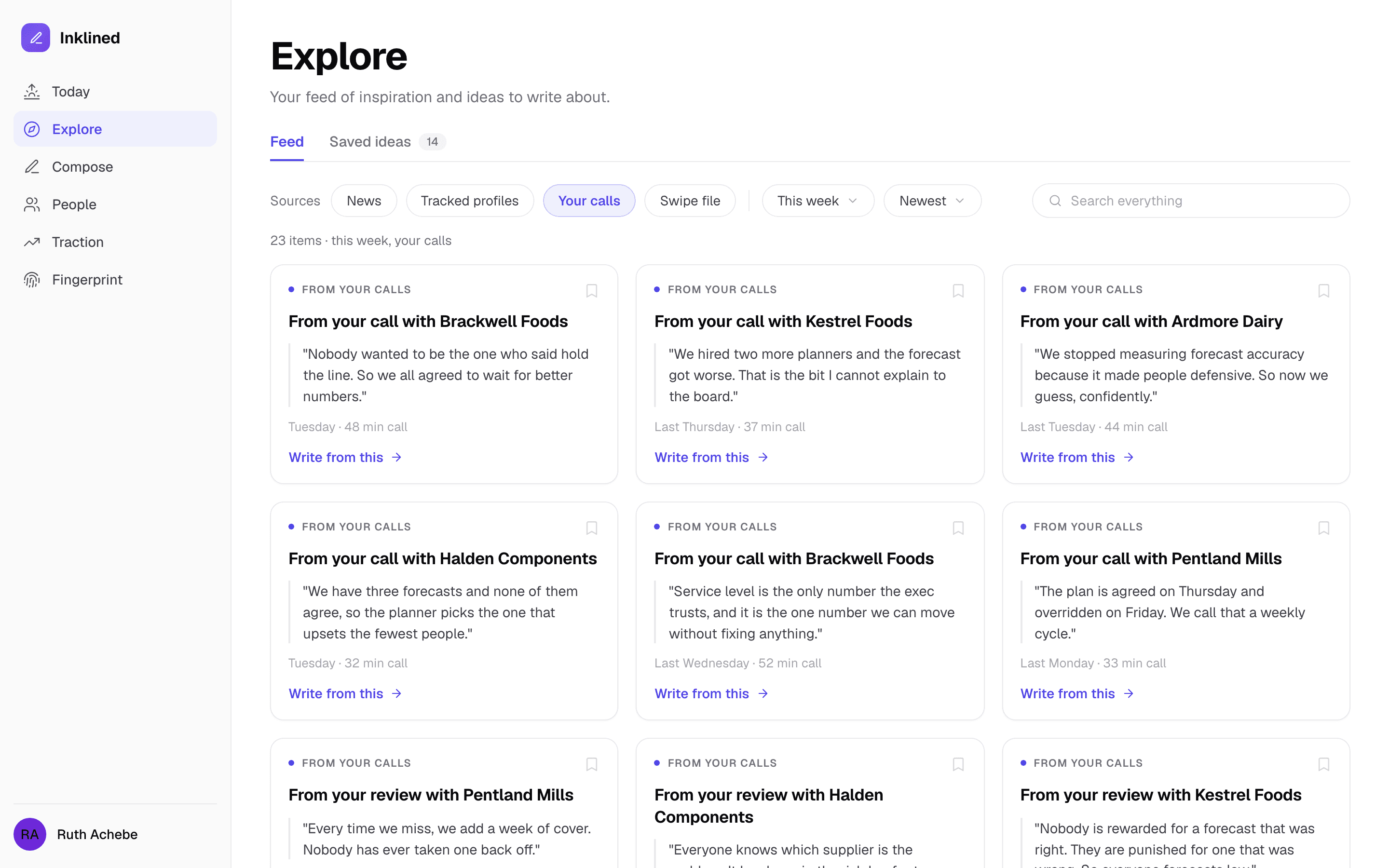Explore filtered to Your calls, showing the ideas pulled out of this week's meetings