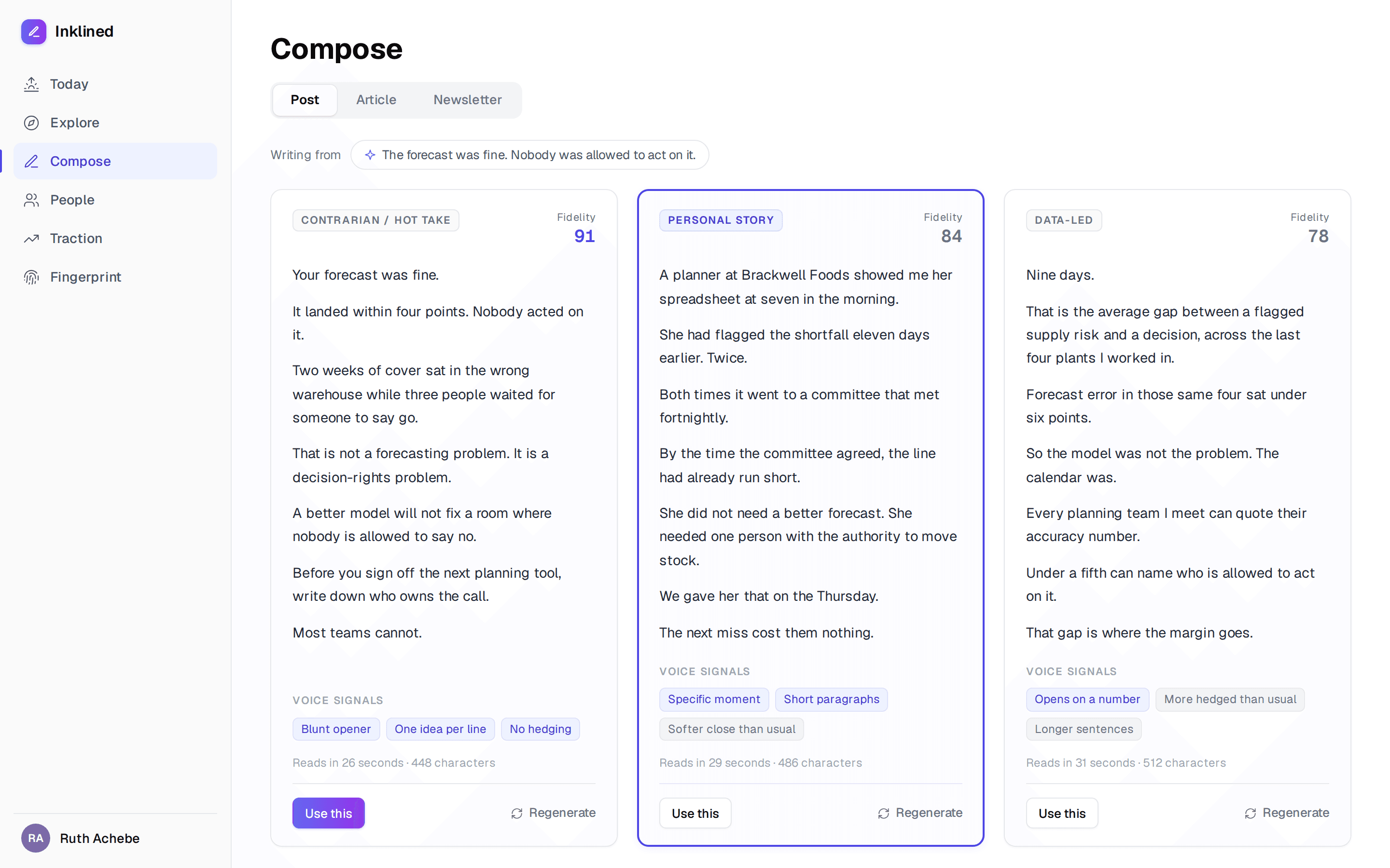 Compose showing three variants side by side, each with a fidelity score