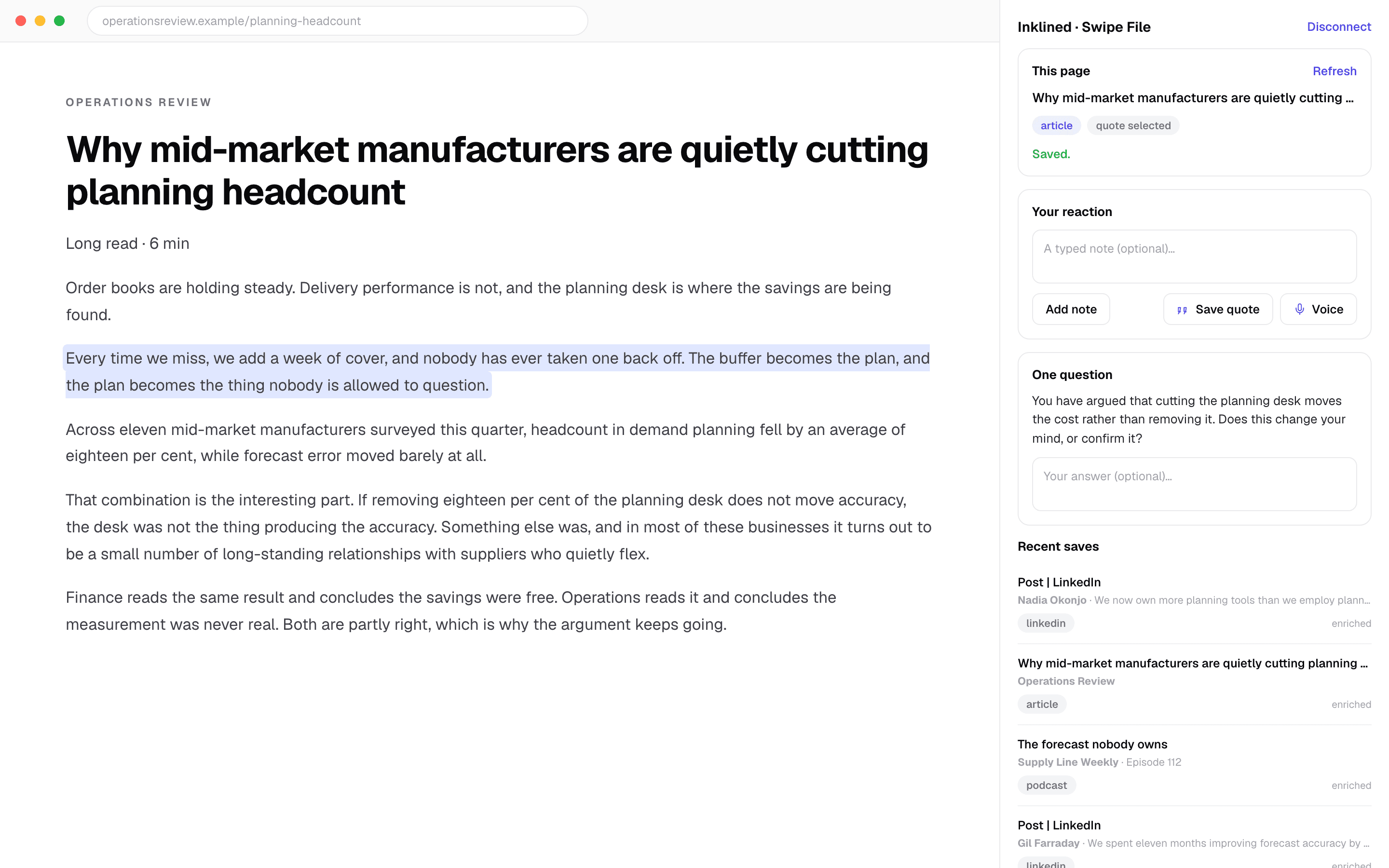 The browser side panel saving an article, with a note, a quote and one follow-up question