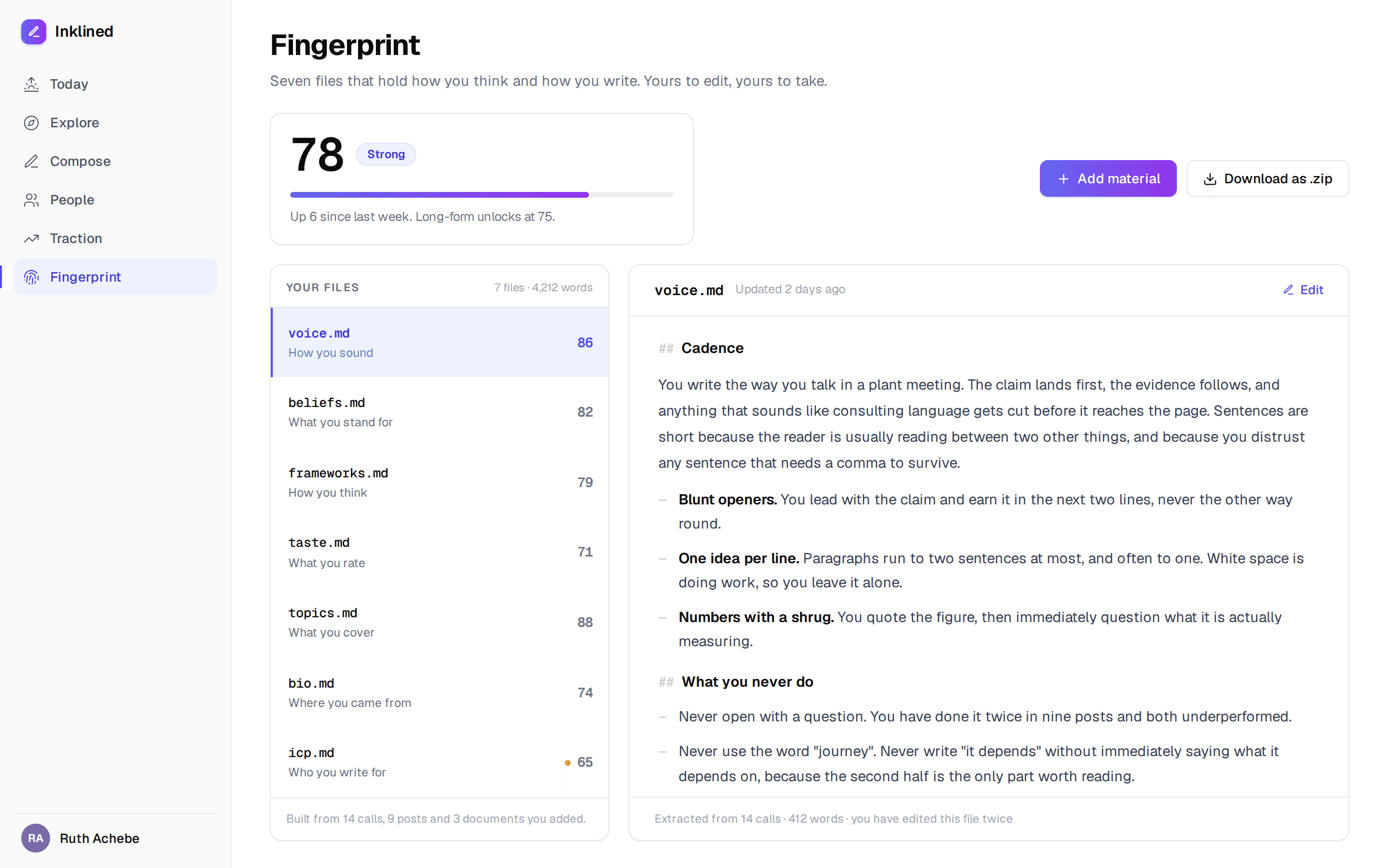 The Fingerprint surface showing the seven files, a confidence score and voice.md open