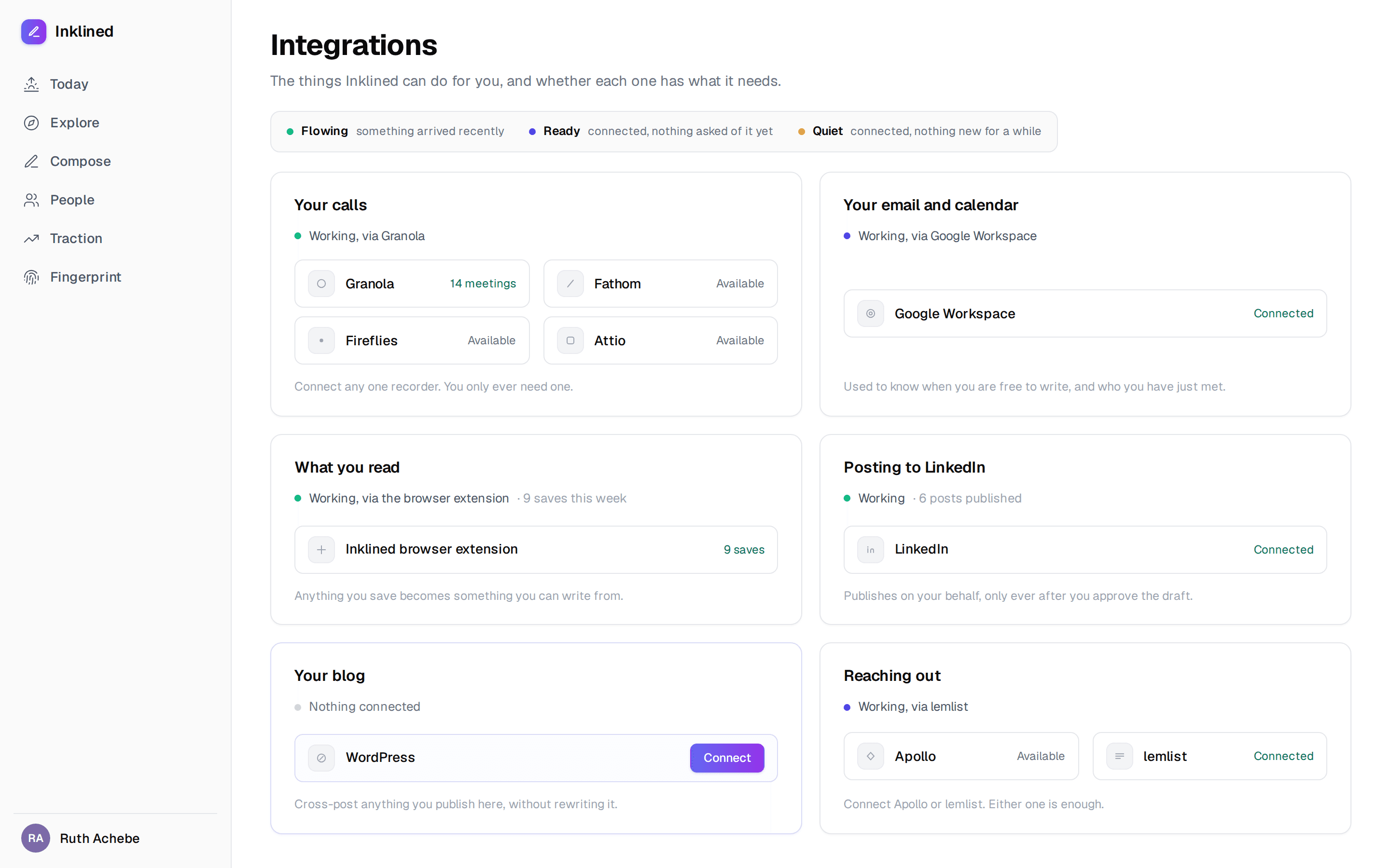 The Integrations page showing the six capabilities with their Flowing, Ready and Quiet states