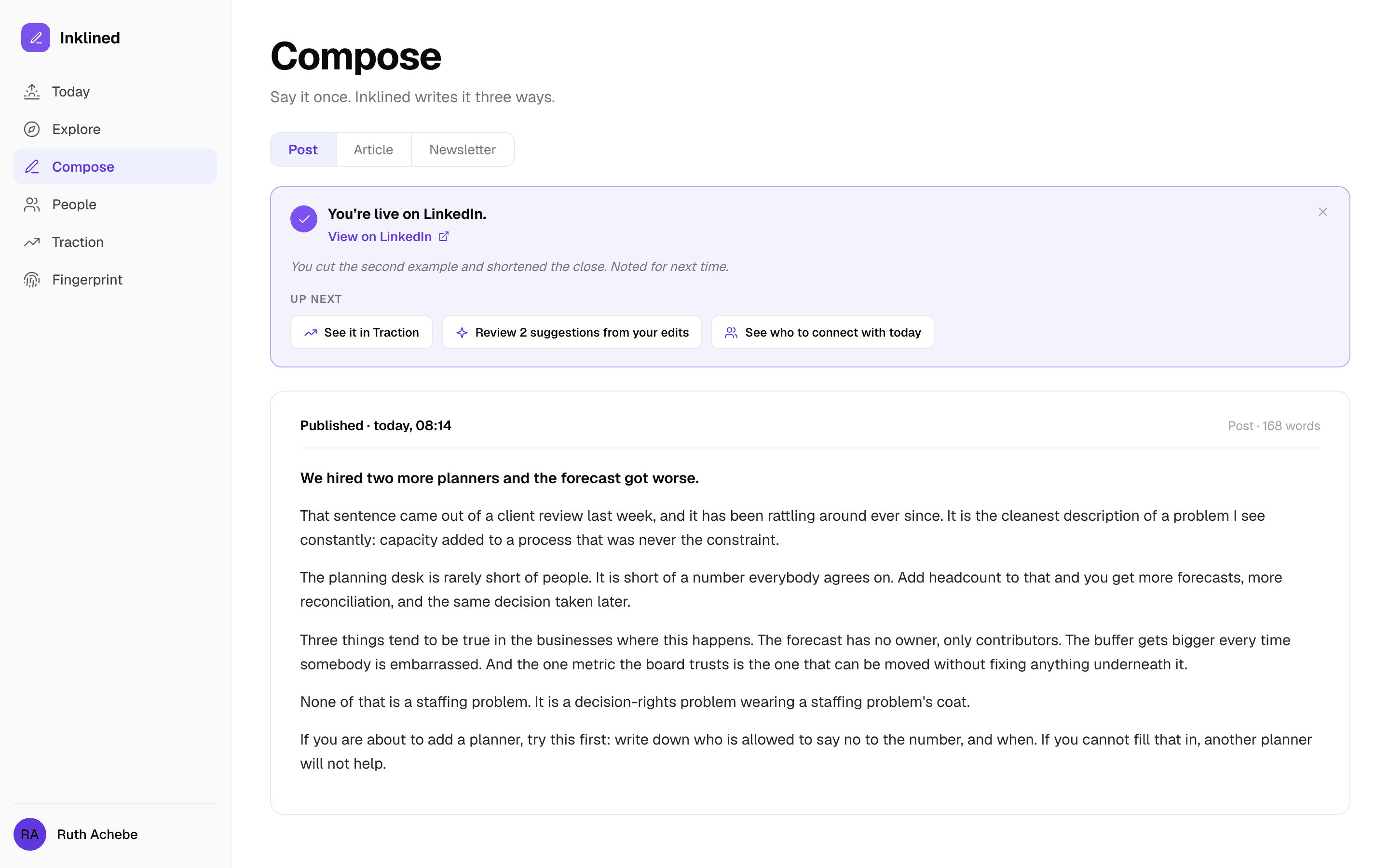 Compose after publishing, confirming the post is live on LinkedIn with what to do next