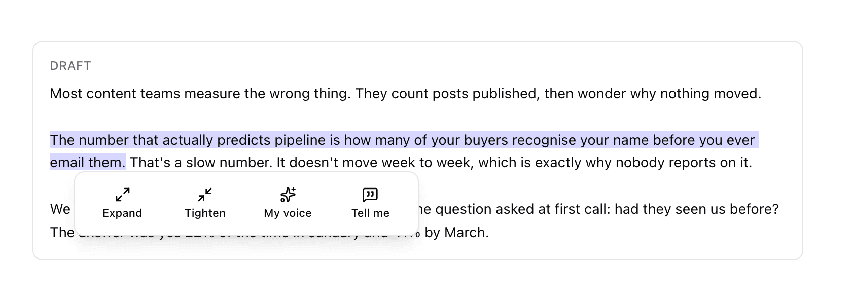 The selection rewrite menu over a highlighted passage in an article draft