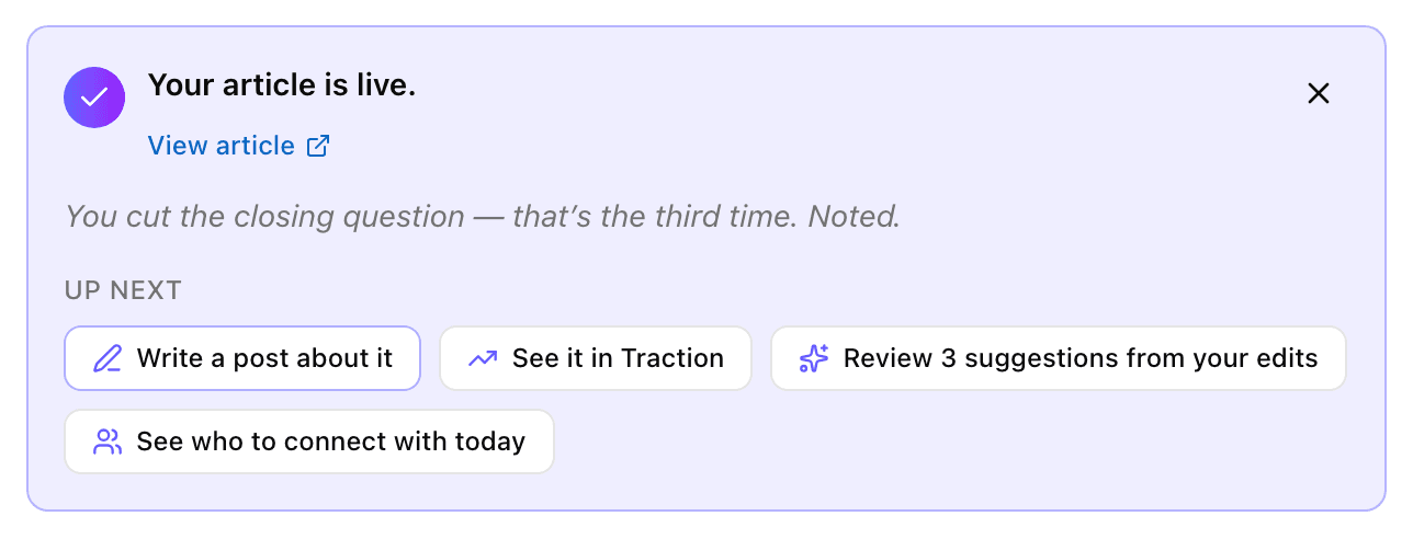 The publish success panel with a link to the live post and a Write a post about it button