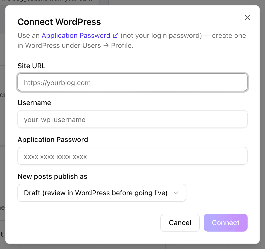 The Connect WordPress dialog with site URL, username and application password fields