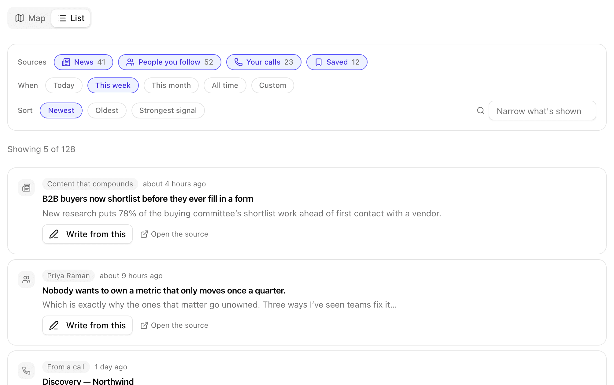 The Explore list view with source and timeframe filters