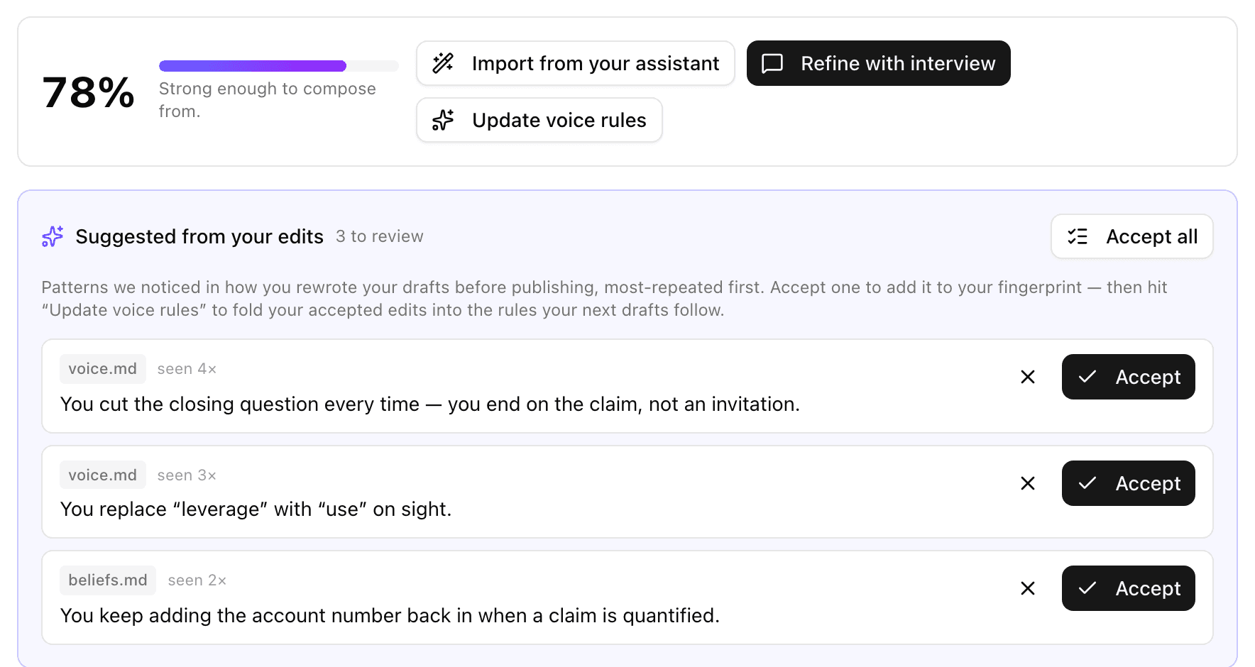 The fingerprint suggested-edits queue with the new Accept all button
